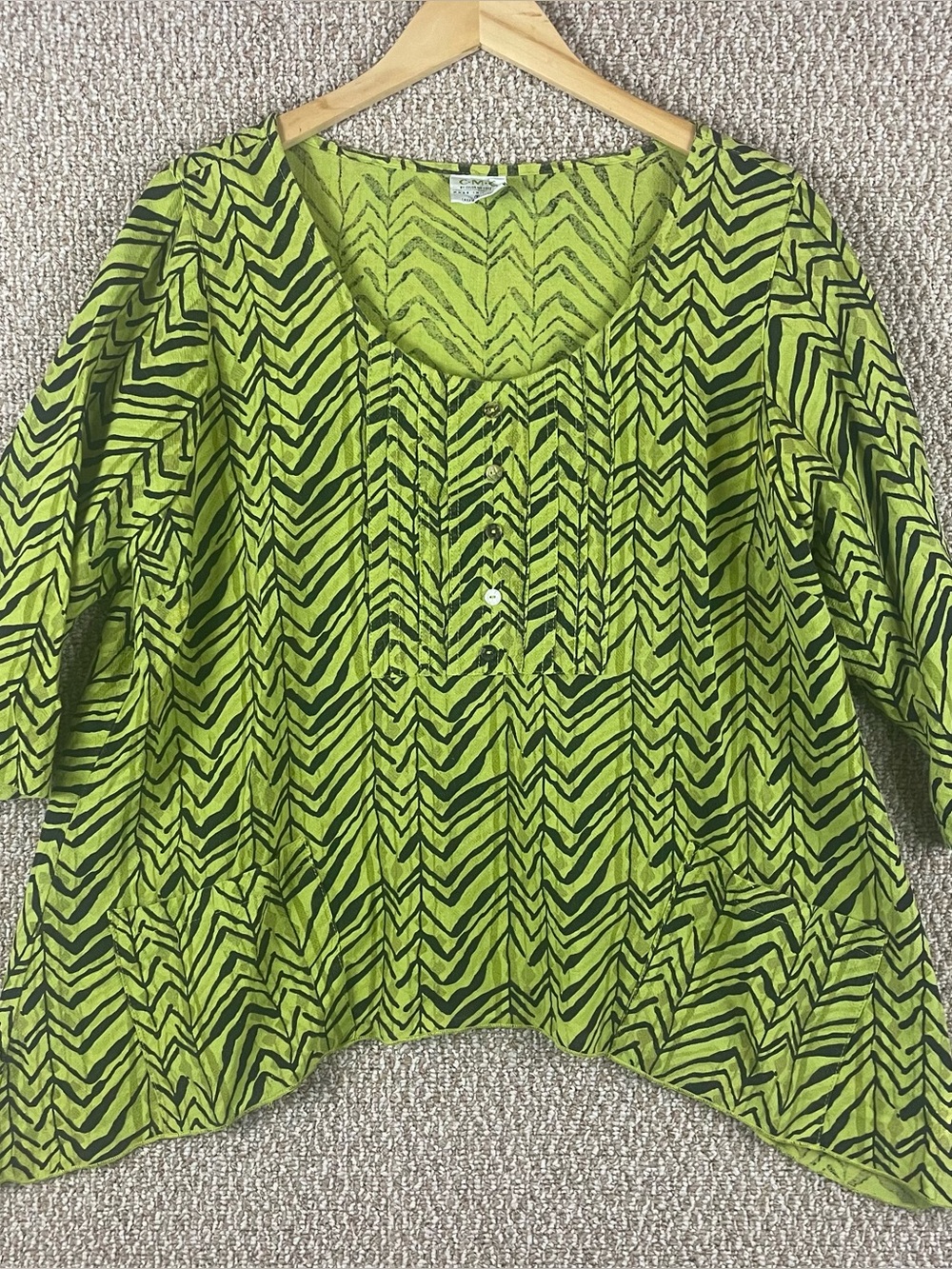 CLICK Color Me Cotton Top Women’s Large Chartreuse Black Pockets A-Line E249